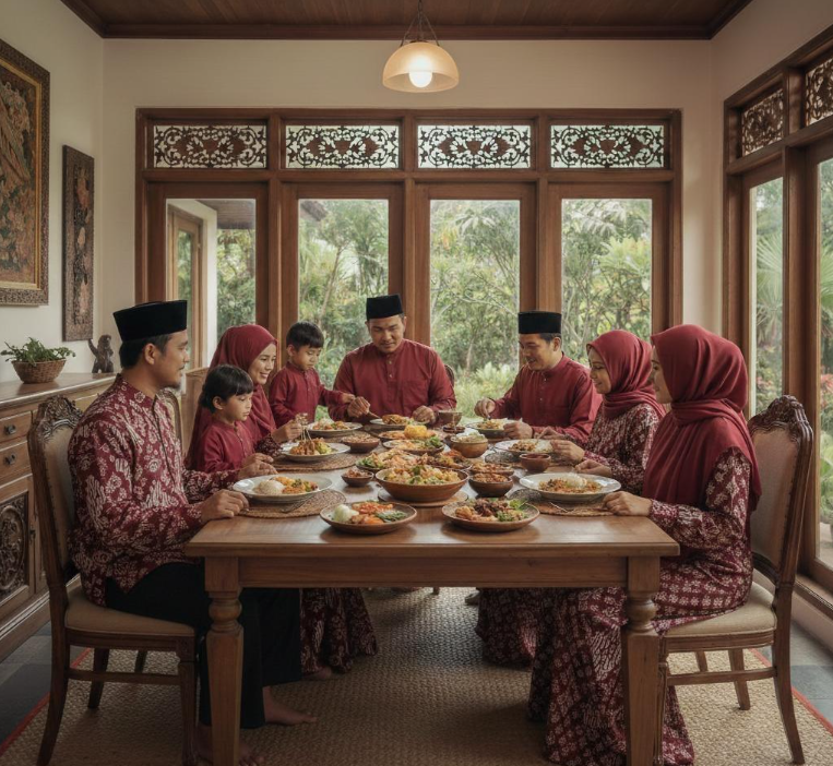 makan bersama di meja makan dengan menggunakan baju sarimbit keluarga