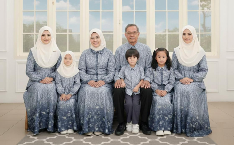 keluarga besar berfoto dari kakek hingga cucunya menggunakan baju sarimbit dengan warna senada