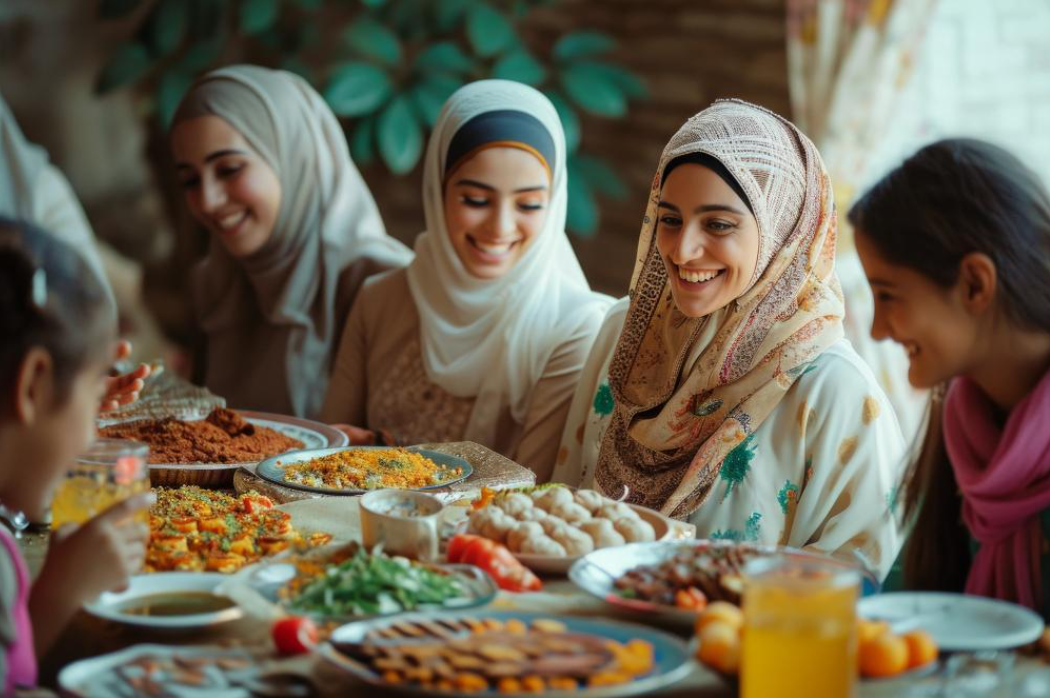 Para perempuan dan wanita yang bahagia saling mengobrol saat momen lebaran