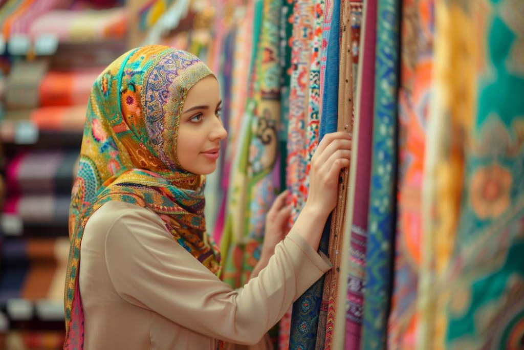 Wanita sedang memilih-milih kain hijab printing